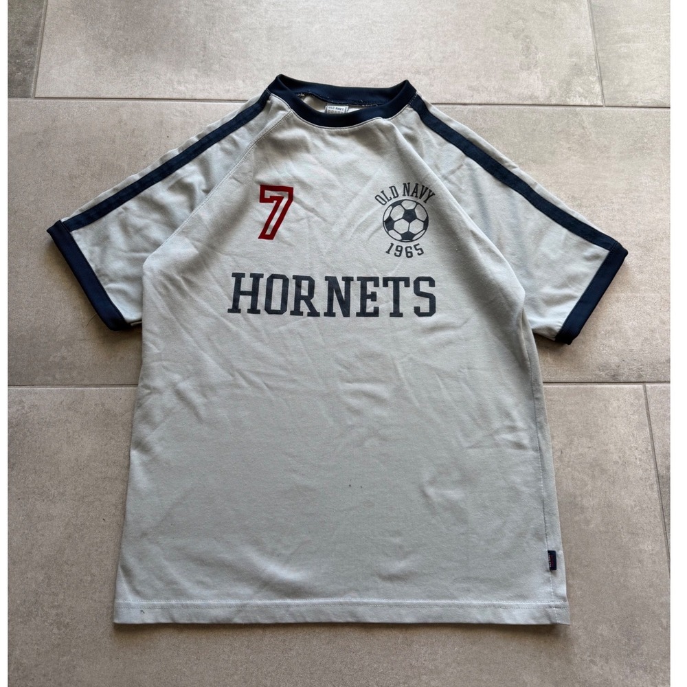 Vintage Y2K‎ Women's Old Navy Hornets Soccer Graphic Tee Blue Ringer Shirt  L
